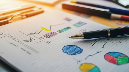 Fototapeta premium Detailed business analysis notes with graphs and charts on a workspace desk