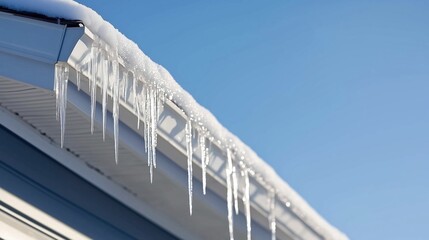 Obraz premium Icicles forming on a roof edge under blue sky
