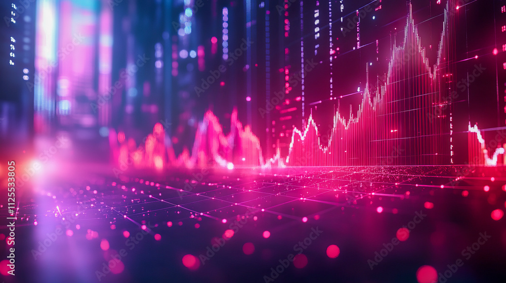 Poster abstract financial data chart with red graph lines in digital landscape