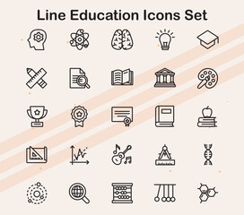 A set of line icons related to education  including books  school supplies  and learning tools.