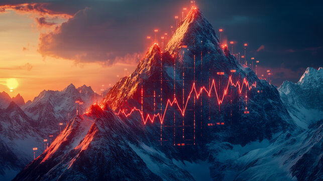 Digital financial mountain landscape with data visualization at sunset - Powered by Adobe