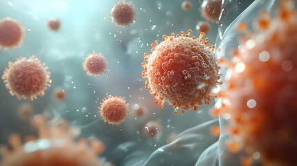 Group of virus cell floating in soft glowing environment with detailed microscopic features and vibrant green hue