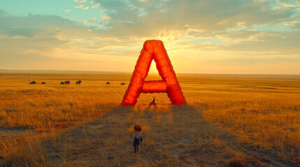 Sunset adventure with giant inflatable red letter a in grassy field