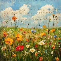 Vibrant wildflowers bloom in a sunny meadow, overlaid with faded sheet music.