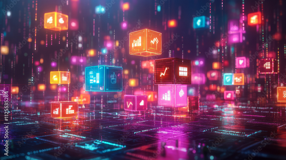 Poster futuristic digital data interface with colorful infographics in virtual space