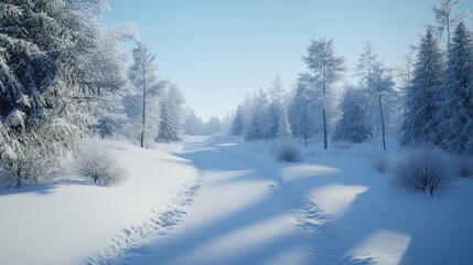 Obraz premium Snow-covered forest path surrounded by frosty trees on a sunny winter day