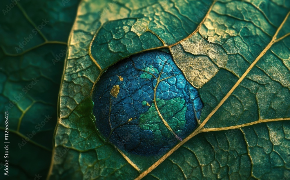 Poster close-up of a textured leaf surface showcasing intricate details with a vivid blue circular element 