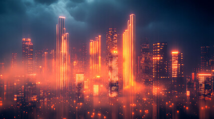 Futuristic cityscape with neon lights illuminated in a misty night skyline