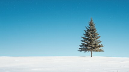Fototapeta premium Lonely pine tree in snow against clear blue sky