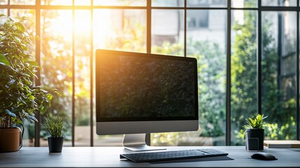 Fototapeta premium Modern Computer Setup Near Sunlit Window Plants