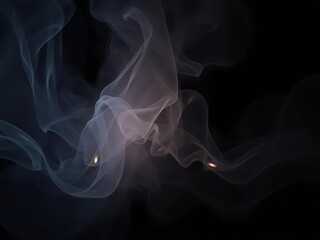 Obraz premium Rotation of swirling smoke veils illuminated by lights on a dark background, abstract, veils