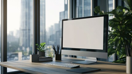 Fototapeta premium Modern Office Workspace With Blank Computer Screen