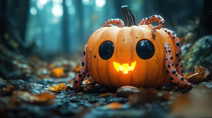 Cute glowing pumpkin with octopus legs in autumn forest.