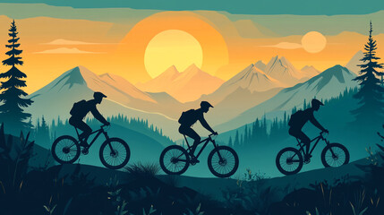 Obraz premium Three cyclists ride in silhouette against a vibrant sunset backdrop, surrounded by mountains and trees, evoking adventure and outdoor exploration.