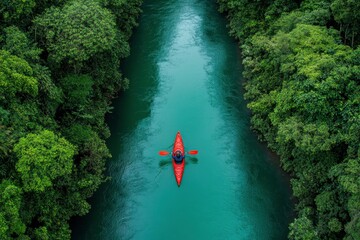 Aerial View of a Sole Kayaker Paddling Through Serene Turquoise Waters Surrounded by Lush Green Rainforest Foliage in a Remote Natural Landscape
