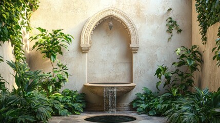 Serene courtyard fountain niche with lush tropical plants.