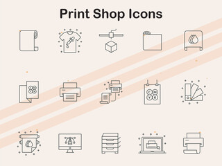 Icons for print shop-related items  including printing equipment  paper  and ink  ideal for printing and design industry projects.