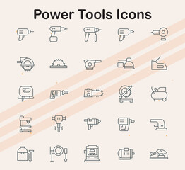 Icons representing power tools such as drills  saws  and wrenches  ideal for construction  repair  and DIY projects.