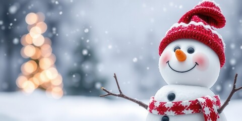 Snowman standing under a blanket of snow with a cheerful expression on its face, welcoming a happy passerby, weather, cheerful, snowman