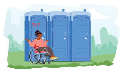 Confused teenage girl cartoon character in wheelchair having troubles with outdoor public WC usage