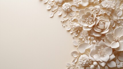Intricate white paper flower arrangement on beige background. wedding invitations.
