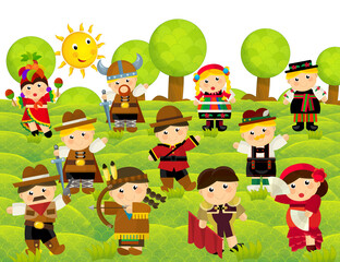 cartoon scene with character withl outfit costume representing his her nationality standing in park during summer illustration for children