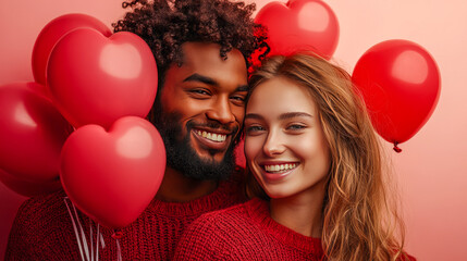 Happy young interracial couple with red heart balloons celebrating love