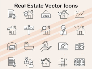Vector icons representing various real estate elements  including houses  buildings  and property types  for real estate and housing projects.