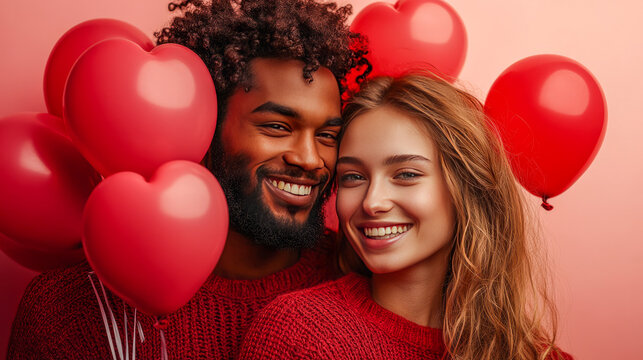Happy young interracial couple with red heart balloons celebrating love