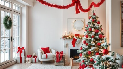 White and red themed Christmas tree standing in a bright and modern living room, holiday, festive, Christmas