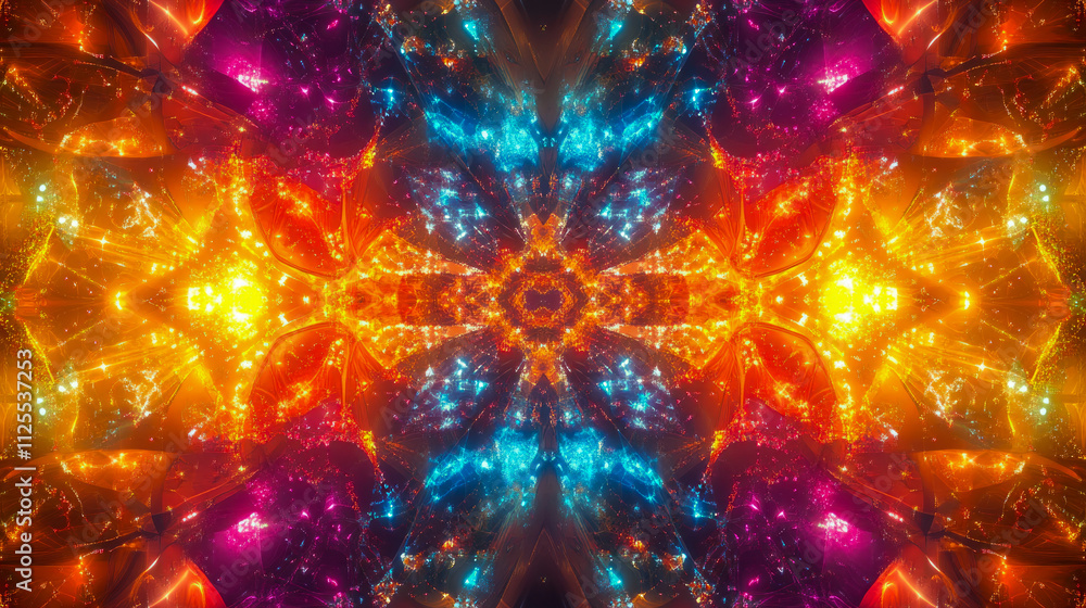 Poster kaleidoscope of vibrant colors and dynamic light patterns in symmetrical design