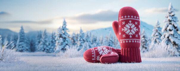 red mittens on a winter background. For banner, design, sale, social media, blog, cover, thumbnail, presentation	