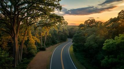 Horizontal top view image of a road in the forest at sunset. For LinkedIn, profile in social media, blog, summer vacation, road trip, banner, design