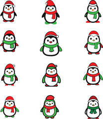 Vector Outline of A cute Frosty the Penguin wearing a Santa clause hat and scarf