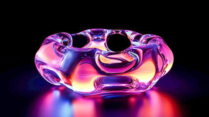 Abstract multicolored glass sculpture with neon glow against black background