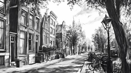 Сharming Black and White Sketch of Amsterdam Street