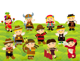 cartoon scene with character withl outfit costume representing his her nationality standing in park during summer illustration for children