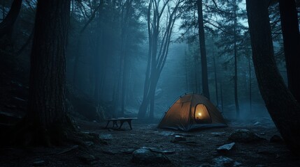 Illuminated tent in a misty forest at night. (4)