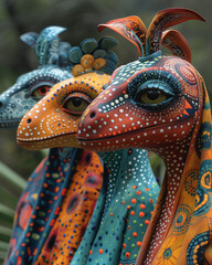 Obraz premium close up of a three dragons. Colorful dragon llustration in abstract, psychedelic style with intricate patterns, and vibrant colors. Artistic designs, children's themes, or creative projects. 