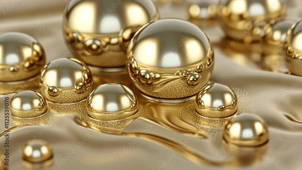 Poster golden droplets and spheres reflecting light on a shiny surface create a luxurious visual experience