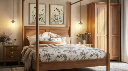 Cozy bedroom with floral bedding and wooden furniture in warm tones