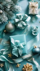 Christmas Gifts with Ribbons and Frosted Pine on a Cool Blue Background