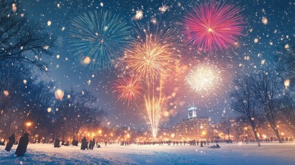 Snowy night, fireworks display over city park.
