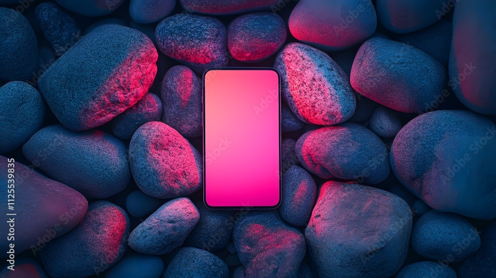 Poster modern smartphone displayed on colorful rock surface with striking mix of pink and blue tones, creat
