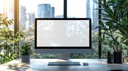 Fototapeta premium Modern Office Workspace With Computer And Plants