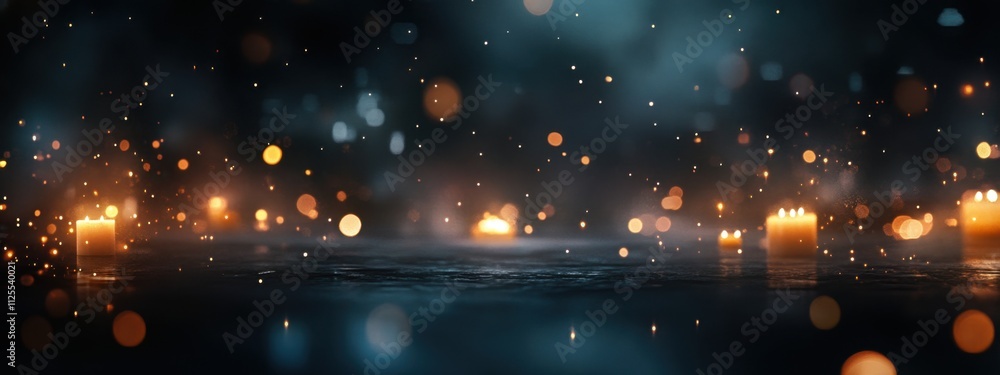 Poster a dark background with bokeh lights and candles, creating an atmosphere of warmth and tranquility fo