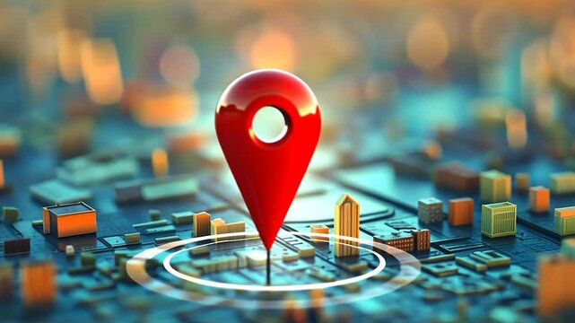 Geolocation marker on the city map.
Animation using a bright red geolocation marker GPS installed on the city map. The placemark is surrounded by a glowing circle on the map