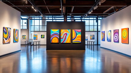 Colorful abstract art exhibition in modern gallery with bright paintings and contemporary design