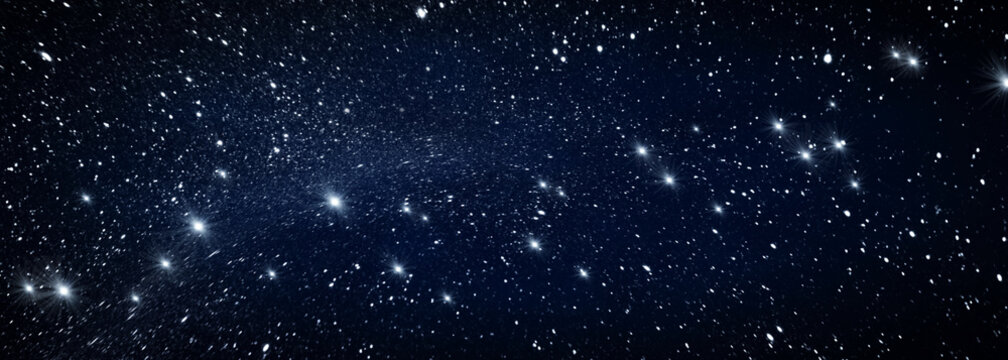 Abstract dark blue starry sky. Shining star constellation in space. Glowing stars in the dark space. Horizontal christmas background.