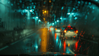 Obraz premium Blurred view of road through wet car window. Rainy weather